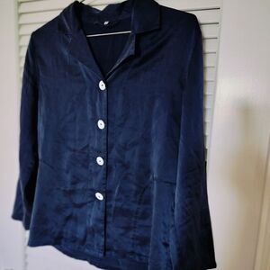 LilySilk Women's 100% Mulberry Silk Blue Button Up Blouse Blue Size Small
